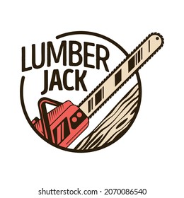 Lumberjack woodwork emblem composition with images of chainsaw with tree trunk and editable text vector illustration