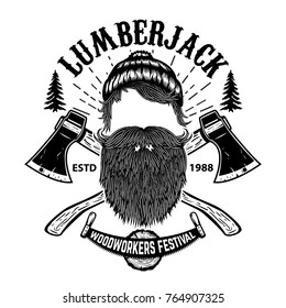 Lumberjack. Woodworkers festival poster template. Design element for emblem, sign, label, poster. Vector illustration