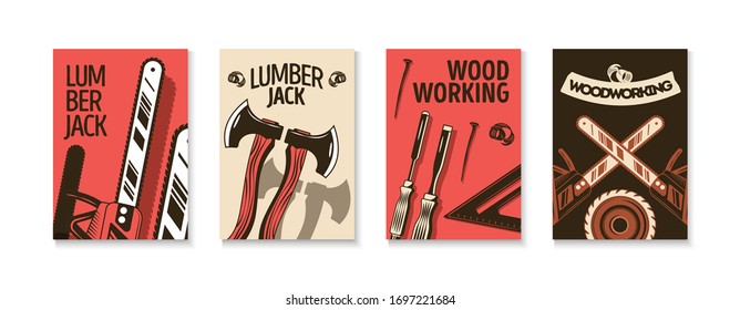  Lumberjack and woodworking poster set designed wth chisel axe handsaw measuring equipment isolated flat vector illustration 