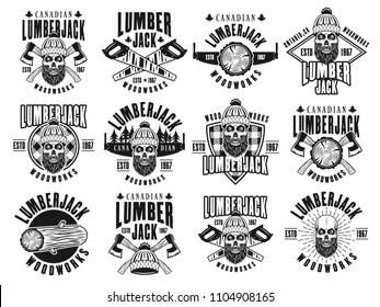 Lumberjack and woodworks set of twelve vector emblems, labels, badges or logos in vintage monochrome style isolated on white background