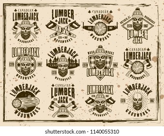 Lumberjack and woodworks set of vector emblems, labels, badges or t shirt prints in vintage style on dirty background with stains and grunge textures