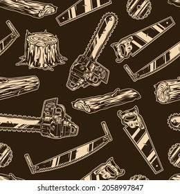 Lumberjack work equipment seamless pattern with saws chainsaw sawblade stump and wooden log in vintage monochrome style vector illustration