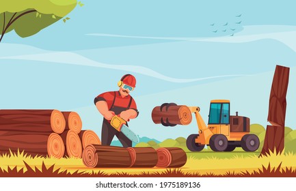 Lumberjack at work sawing tree trunk with electric saw logging machinery piling wood cartoon composition vector illustration