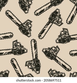 Lumberjack work tools vintage seamless pattern in monochrome style with chainsaws vector illustration