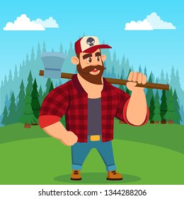 Lumberjack. Worker with axe in green forest . Strong, Handsome Man in Stylish Cap and Ax on the Shoulder. Vector Illustration in Cartoon Flat Style