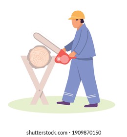 Lumberjack worker with chainsaw in protective gear cutting timber tree, man sawing up logs with chainsaw sow