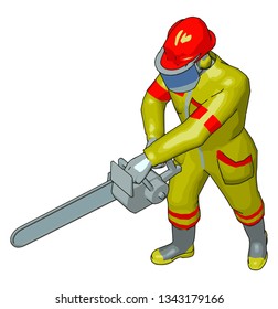 A lumberjack worker with its full uniform cutting some thing with a hand cutter very efficiently vector color drawing or illustration
