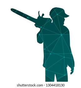 Lumberjack worker standing with chainsaw. Connected lines with dots.