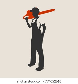 Lumberjack worker standing with chainsaw. Vector silhouette