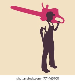 Lumberjack worker standing with chainsaw. Vector silhouette