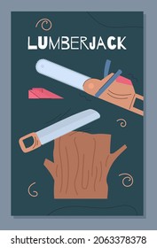 Lumberjack works advertising web or social media banner template, flat vector illustration. Wood materials production and lumberjack services promotion poster.