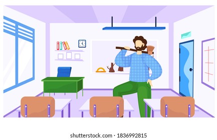 Lumberjack works and cares about the environment. Ecology and natural history lesson. Environmentally friendly lifestyle. A man is standing with an ax and explaining the topic of deforestation