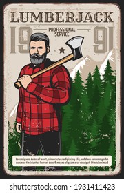 Lumberjack works service retro poster. Bearded woodcutter, hipster man character in checkered plaid shirt, standing with axe on shoulder on background of pine forest and snowy mountain peaks vector