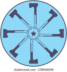 Los ejes del leñador se colocan en un círculo. Ocho ejes malformados de vector púrpura en un fondo azul claro. Logotipo para silvicultores, paganos, leñadores. Las siluetas, los contornos del hacha.