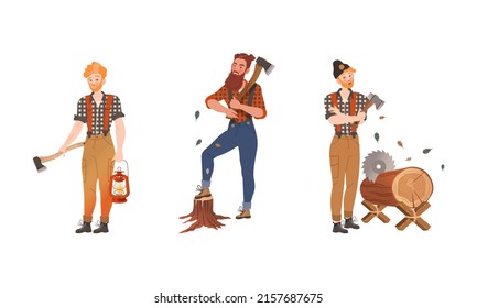 Lumberjacks cutting trees set. Logging industry workers working with axe cartoon vector illustration