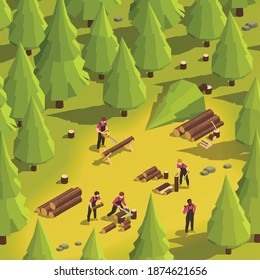 Lumberjacks cutting wood with axe handsaw electric saw in forest 3d isometric vector illustration