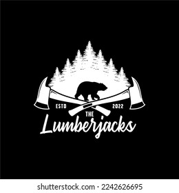 Lumberjacks logo with bear, forest and crossed axe Vector label design for tshirt design