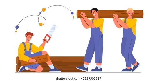 Lumberjacks with logs concept. Men in uniform with trees. Construction and materials. People with wood and trees. Logging and woodworking process, forestry. Cartoon flat vector illustration