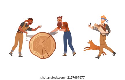 Lumberjacks sawing trees set. Logging industry workers with working tools cartoon vector illustration