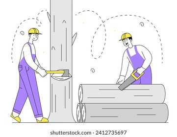 Lumberjacks team linear. Men in workers uniform with saw and woods. Forestry and carpentry. Wood industry. Woodcutters and woodworkers. Doodle flat vector illustration isolated on white background