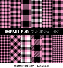 Lumberjill Flannel Plaid. Pink and Black Buffalo Check Vector Patterns. Girly Lumberjack Check. Trendy Hipster Style Backgrounds. Vector EPS File's Pattern Tile Swatches made with Global Colors.