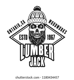 Lumberman bearded skull and rombus vector emblem in vintage monochrome style isolated on white background