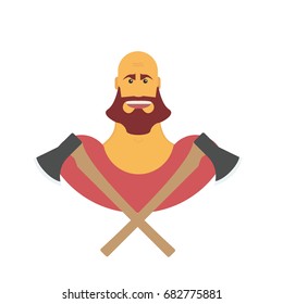 Lumberman bold man with beard. Strong cartoon with axe