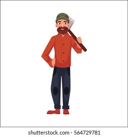 Lumberman, lumberjack, woodcutter standing and holding axe on his shoulder, cartoon vector illustration isolated on white background. Full length portrait of lumberman, lumberjack, woodcutter with axe