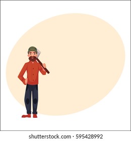 Lumberman, lumberjack, woodcutter standing and holding axe on his shoulder, cartoon vector illustration with place for text. Full length portrait of lumberman, lumberjack, woodcutter with axe