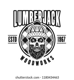 Lumberman skull with beard and circle vector emblem in vintage monochrome style isolated on white background