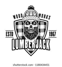 Lumberman skull and shield vector emblem in vintage monochrome style isolated on white background