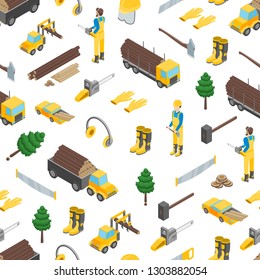 Lumberman Woodcutter Seamless Pattern Background on a White 3d Isometric View Include of Ax, Lumber and Tools. Vector illustration of Icon