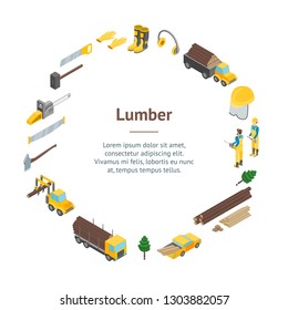 Lumberman Woodcutter Signs 3d Banner Card Circle Isometric View Include of Ax, Lumber and Tools. Vector illustration of Icon