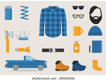 Lumbersexual Style Clothing, Tools and Accessories Vector Set