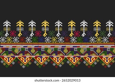Lumient style ,traditional costume of Lu Mien ethnic,pattern hill tribe,a unique of stitch line and stitch symbol with red ,yellow,green and black tone, design for costume,textile,wrapping,printing