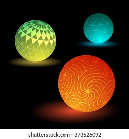 Luminescent 3D spheres derived from various graphic elements composed on a dark background