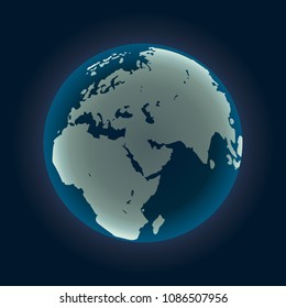 Luminescent Earth icon. Planet symbol. globe. World map design. Global sphere isolated on black background. Illustration for web infographics.