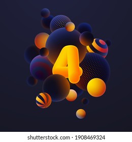 Luminescent yellow number 4, one with realistic blue balls, blured and luminous, orange balls with patterns, dots and stripes with soft touch feeling in dark background. Vector illustration. 