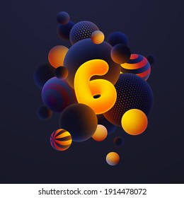 Luminescent yellow number 6, one with realistic blue balls, blured and luminous, orange balls with patterns, dots and stripes with soft touch feeling in dark background. Vector illustration. 