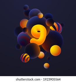 Luminescent yellow number 9, one with realistic blue balls, blured and luminous, orange balls with patterns, dots and stripes with soft touch feeling in dark background. Vector illustration. 