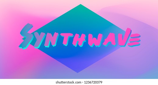 Luminious rhomus with lettering on pastel background. Abstract design template for music event, dance disco party, club promo. Synthwave/ Synth-pop 80's-90's inspiration.