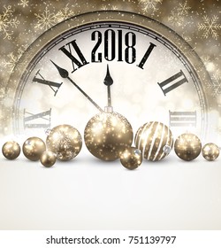 Luminous 2018 New Year background with clock and balls. Vector illustration.