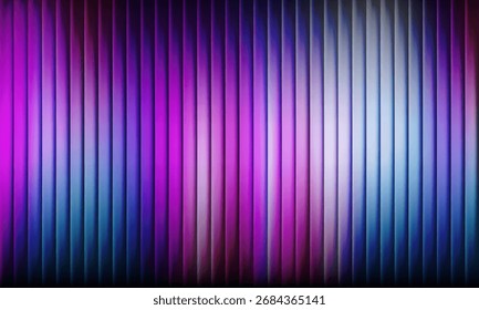 luminous abstract background with evenly spaced vertical lines in vibrant blue, purple, pink, and white hues, forming a curtain-like gradient that creates depth, symmetry. glowing visual motion design