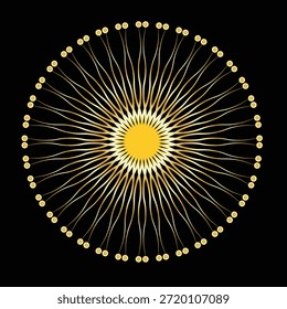 Design circular dourado abstrato luminoso apresentando um intrincado padrão radial com delicados filamentos brilhantes que se estendem de um ponto focal central brilhante