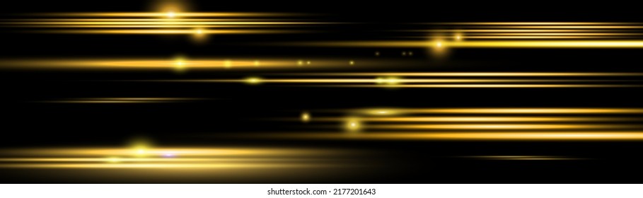Luminous abstract sparkling gold lined background. Golden line flare glowing borders, yellow horizontal beams. Set of light transparent realistic rays for design on a black background. Vector