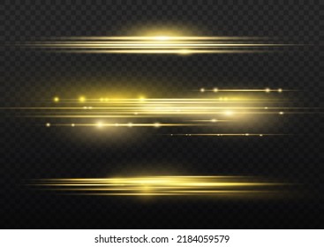 Luminous abstract sparkling gold lined background. Golden line flare glowing borders, yellow horizontal beams. Set of light transparent realistic rays for design on a black background. Vector