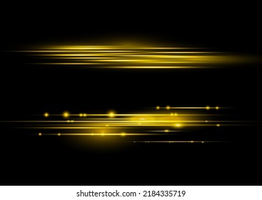 Luminous abstract sparkling gold lined background. Golden line flare glowing borders, yellow horizontal beams. Set of light transparent realistic rays for design on a black background. Vector