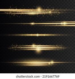 Luminous abstract sparkling gold lined background. Golden line flare glowing borders, yellow horizontal beams. Set of light transparent realistic rays for design on a black background. Vector