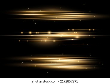 Luminous abstract sparkling gold lined background. Golden line flare glowing borders, yellow horizontal beams. Set of light transparent realistic rays for design on a black background. Vector