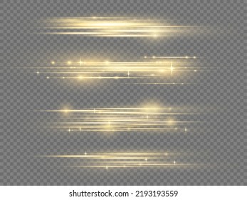 Luminous abstract sparkling gold lined background. Golden line flare glowing borders, yellow horizontal beams. Set of light transparent realistic rays for design on a black background. Vector
